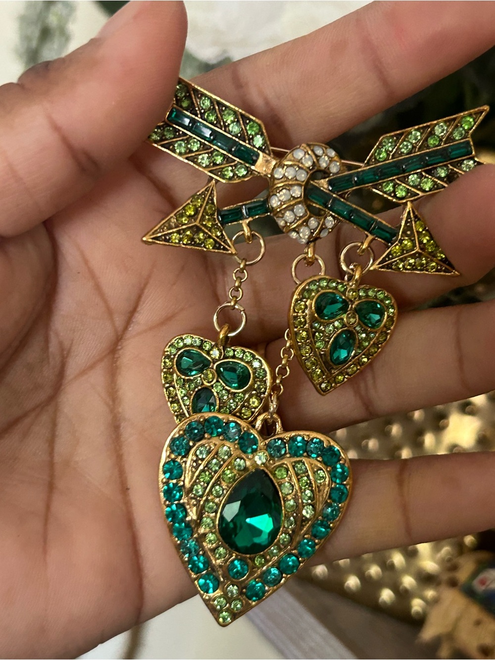 Gold-Tone Green Crystal Heart Dangle Brooch Necklace